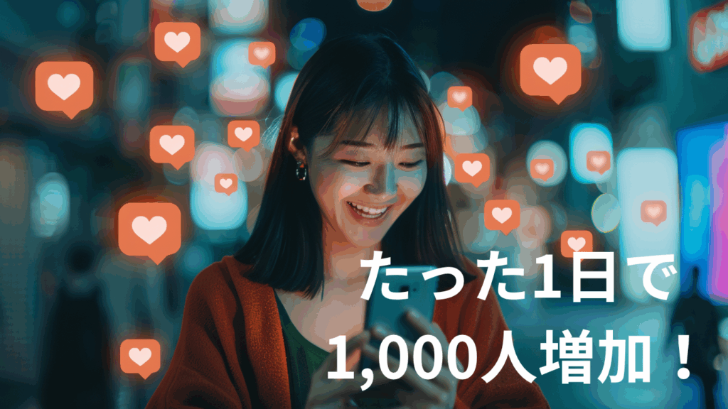 スマートフォンを手に驚いた表情を見せる女性と「たった1日で1,000人増加！」というテキスト、フォロワー通知アイコンが周囲に浮かぶSNSフォロワー増加のイメージ画像