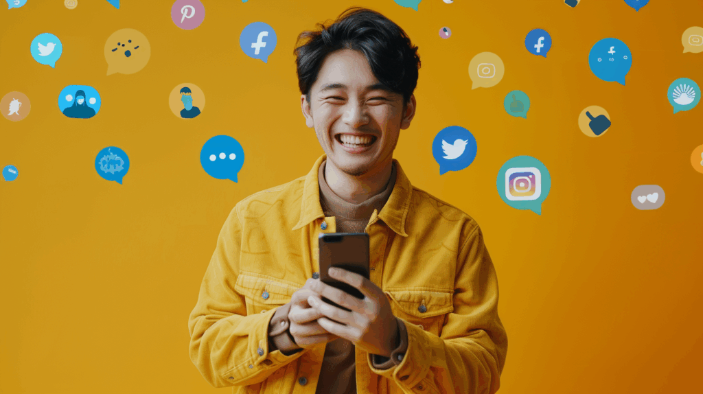BuzzCrewを使ってSNSフォロワーが急増しているSNS管理画面。スマホを見て喜ぶ日本人ユーザーの姿。