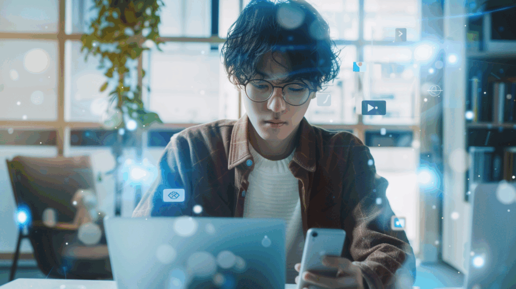 若い日本人男性がノートパソコンとスマートフォンを使ってSNSの収益化作業を行っている様子
