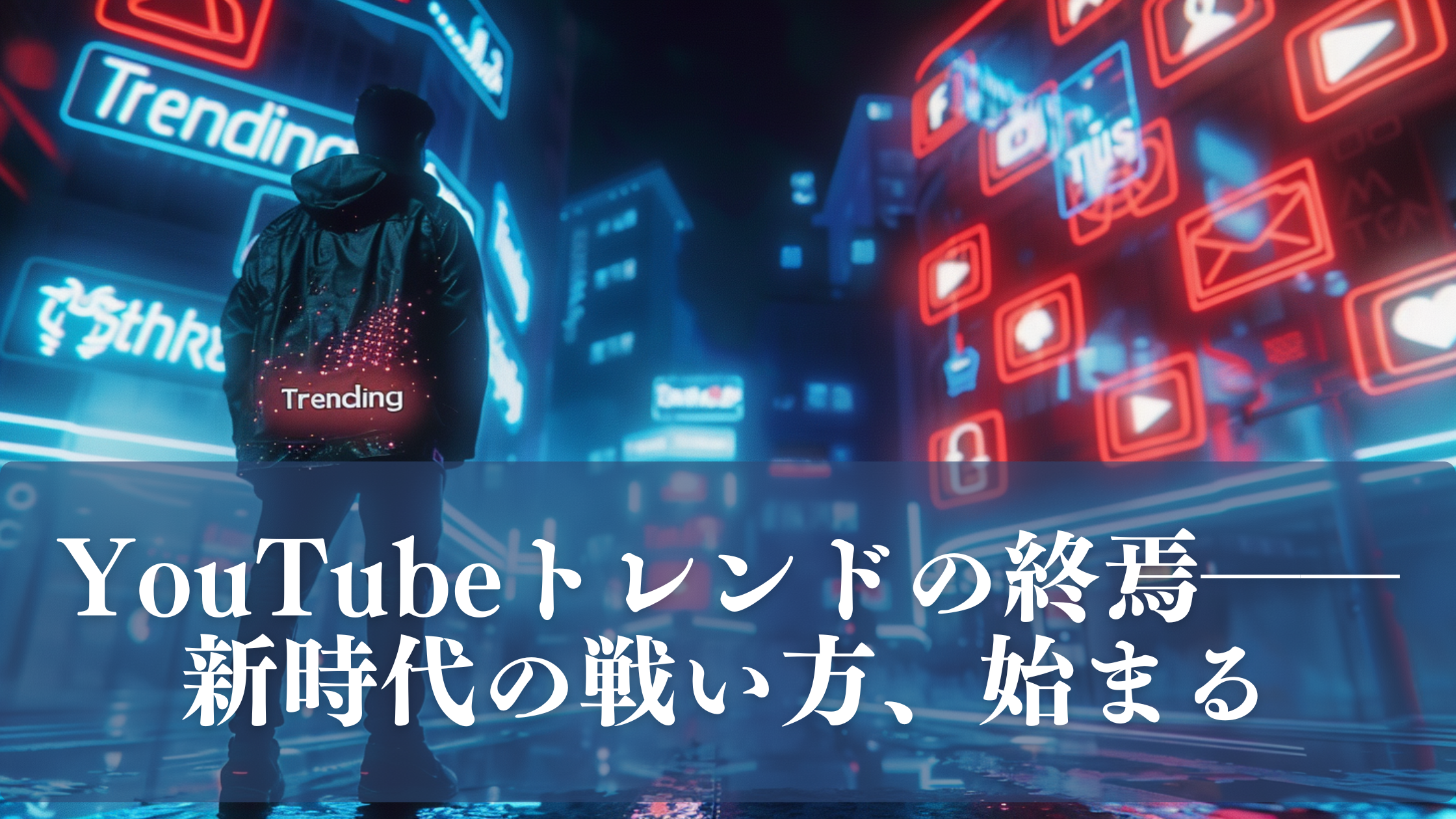 YouTubeの「急上昇」終了によって新たな時代の選択を迫られる動画クリエイター。片側には崩れゆくトレンド、もう一方にはショート動画やSNSの未来が輝く街並み。