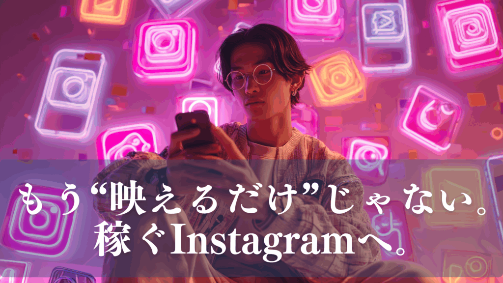 スマートフォンを操作する若者とInstagramのネオンアイコン。「もう映えるだけじゃない。稼ぐInstagramへ。」というキャッチコピーが表示されたアイキャッチ画像