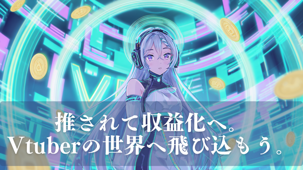近未来的な背景の中で、ヘッドフォンを付けたVtuber風キャラクターが立ち、周囲にデジタルコインが浮かぶ中で「推されて収益化へ。Vtuberの世界へ飛び込もう。」というコピーが表示されたイラスト。