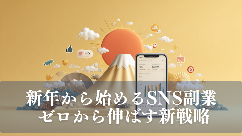 初日の出と富士山を背景に、スマートフォンのSNS分析画面とフォロワーやいいねのアイコンが上昇している新年スタートのSNS副業イメージ