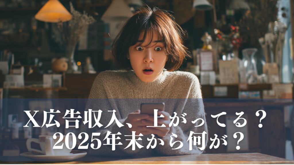 カフェでスマホ画面を見て驚く日本人女性。X（旧Twitter）の広告収入が2025年末から上がった理由を解説する記事のアイキャッチ画像