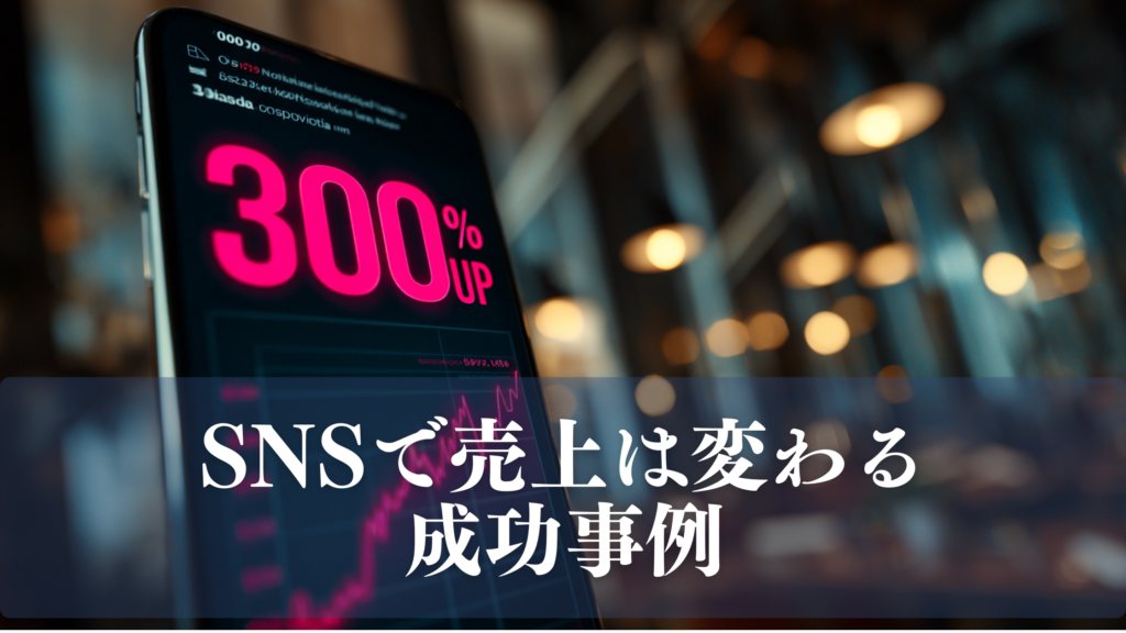 スマートフォン画面に「300% UP」と表示された売上グラフと、背景にぼかした店舗内風景。下部に「SNSで売上は変わる 成功事例」のテキストが重なったアイキャッチ画像。