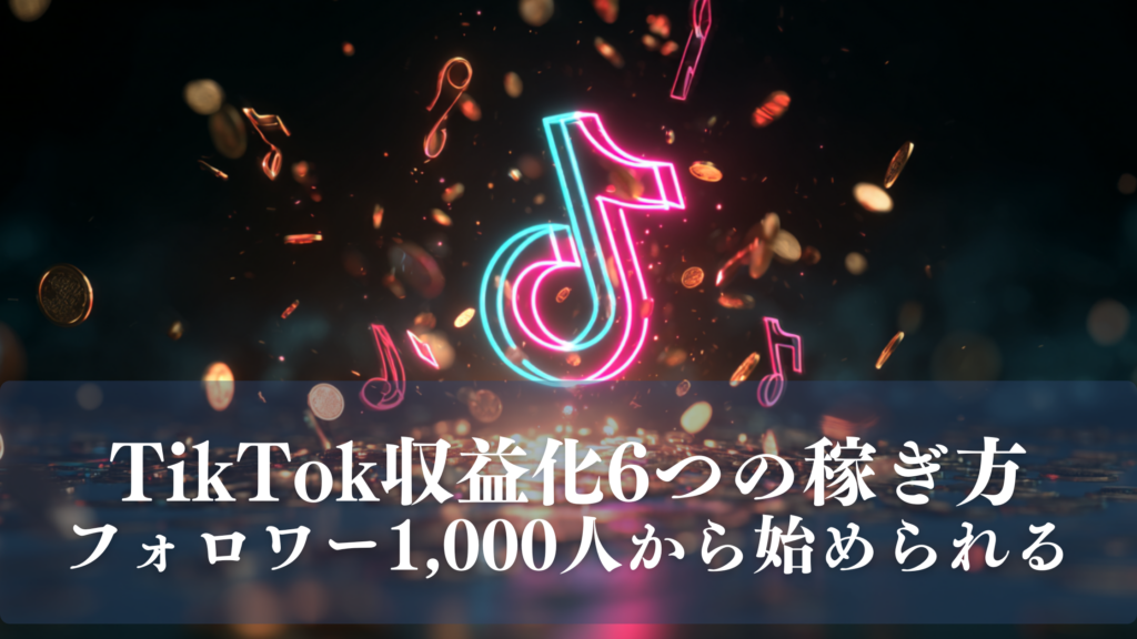 ダーク背景にTikTokのネオンロゴ（ピンク×シアン）が輝き、周囲に音符とゴールドコインが舞い散るスタイリッシュなアイキャッチ画像。「TikTok収益化6つの稼ぎ方 フォロワー1,000人から始められる」のテキスト入り。