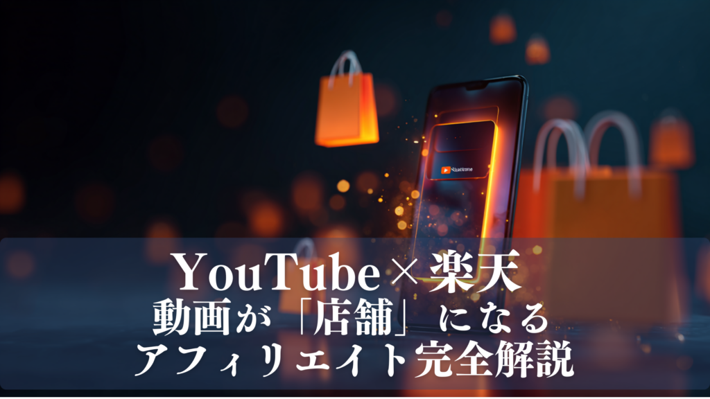 ダーク背景にYouTubeロゴが表示されたスマートフォンを中心に、オレンジ色のショッピングバッグが周囲に浮かぶVコマースをイメージしたスタイリッシュなアイキャッチ画像。「YouTube×楽天 動画が『店舗』になる アフィリエイト完全解説」のテキスト入り。